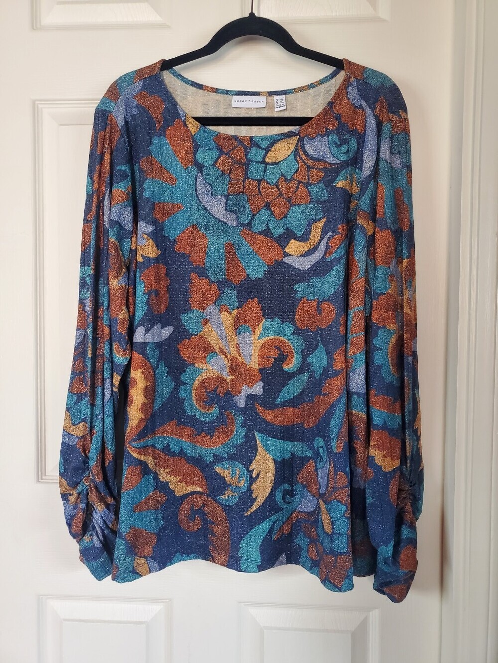 Susan Graver Printed Ribbed Knit Lurex Bateau Neck Top Tunic Shimmery 2X Pullove